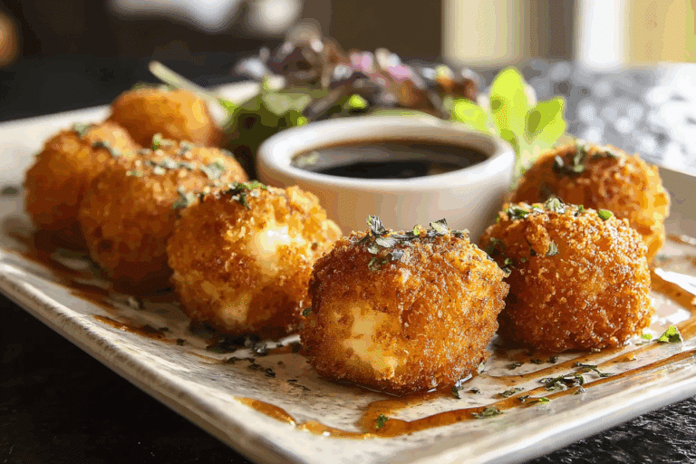 Smoked Gouda Fritters with Balsamic Honey Mustard Dipping Sauce