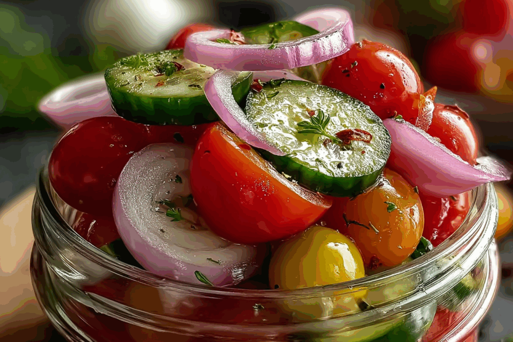 Pickled Cherry Tomatoes, Red Onions, and Cucumbers