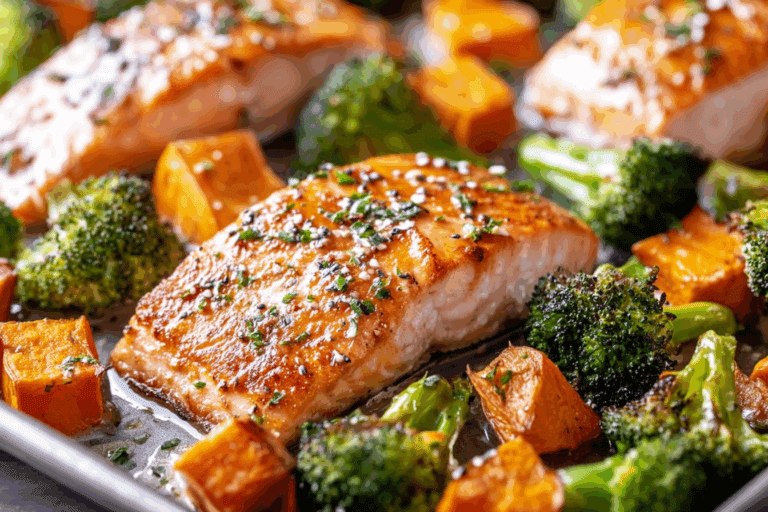 Sheet-Pan Salmon With Sweet Potatoes & Broccoli