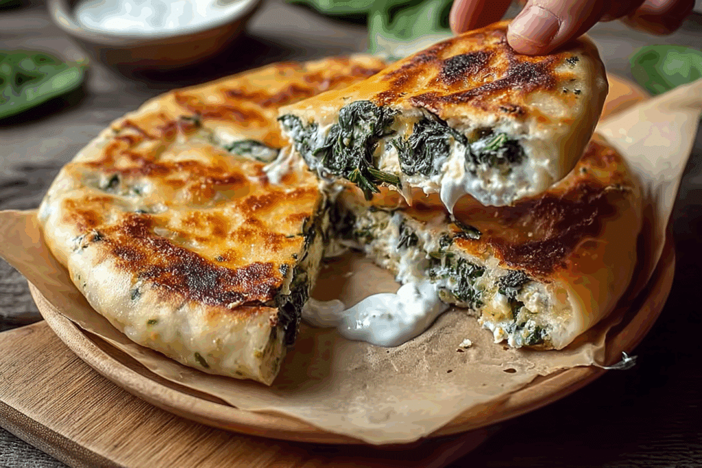 Cheesy, Crispy Feta & Spinach Stuffed Pitas with Garlic Yoghurt