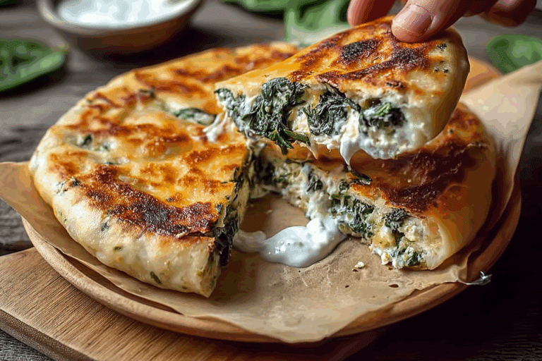 Cheesy, Crispy Feta & Spinach Stuffed Pitas with Garlic Yoghurt
