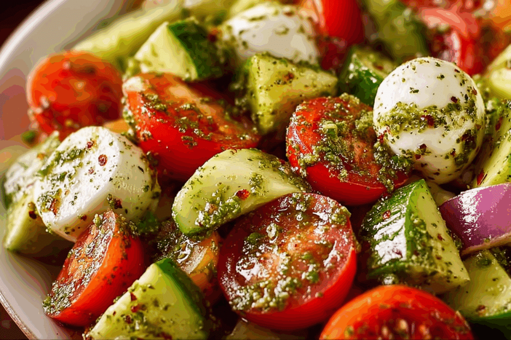 Tomato Cucumber Avocado Salad with Mozzarella & Basil Pesto