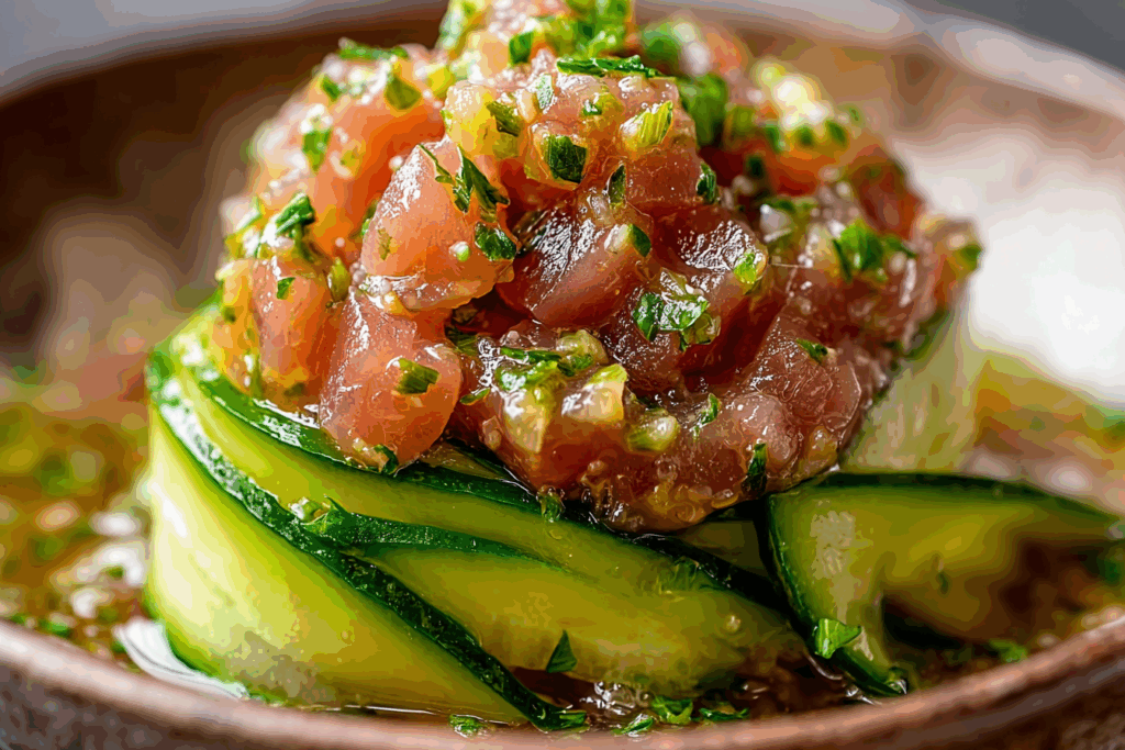 Sweet Chermoula Tuna Tartare with Cucumber Noodles