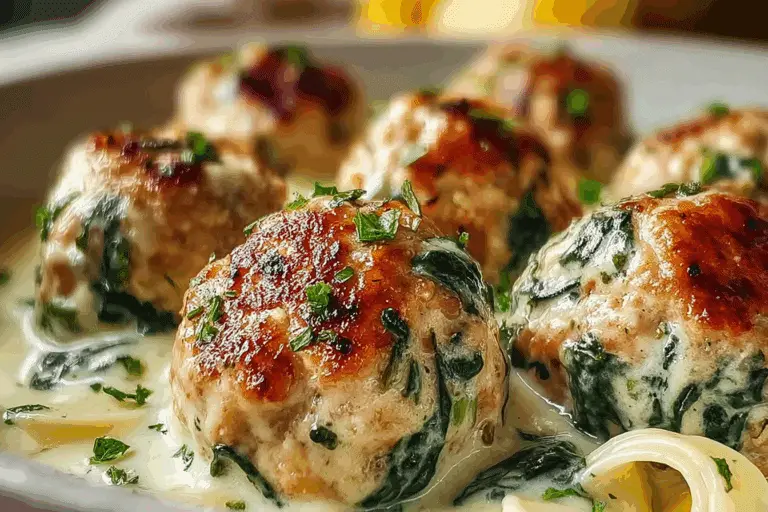 Baked Chicken Ricotta Meatballs with Spinach Alfredo