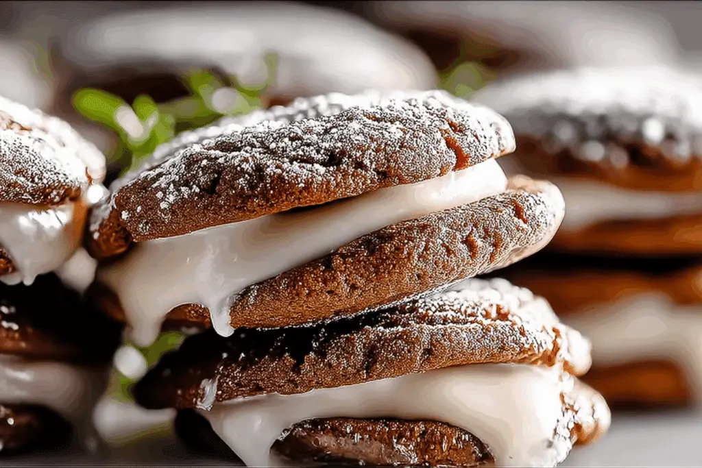 Gingerbread Crinkle Cookie Sandwiches with Vanilla Bean Frosting