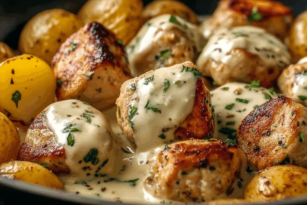 Garlic Butter Chicken Bites with Parmesan Cream Sauce and Cheesy Roasted Potatoes