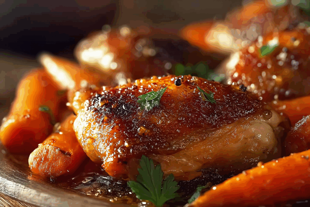 Crispy Brown Sugar Mustard Chicken Thighs with Roasted Carrots