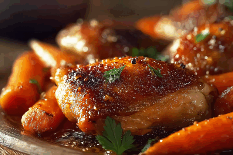 Crispy Brown Sugar Mustard Chicken Thighs with Roasted Carrots