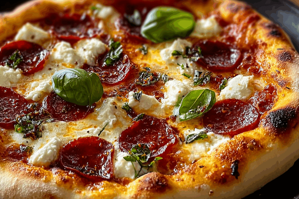 Goat Cheese and Soppressata Pizza with Calabrian Chile Hot Honey and Basil