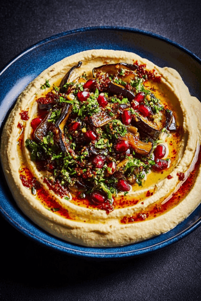 Houmous with Caramelised Aubergine, Pomegranate and Chilli Crisp