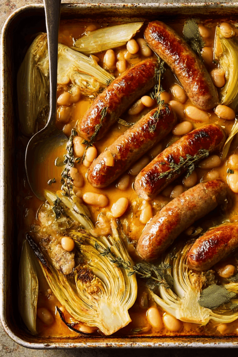 Easy Orangey Sausage, Fennel, and Bean Traybake