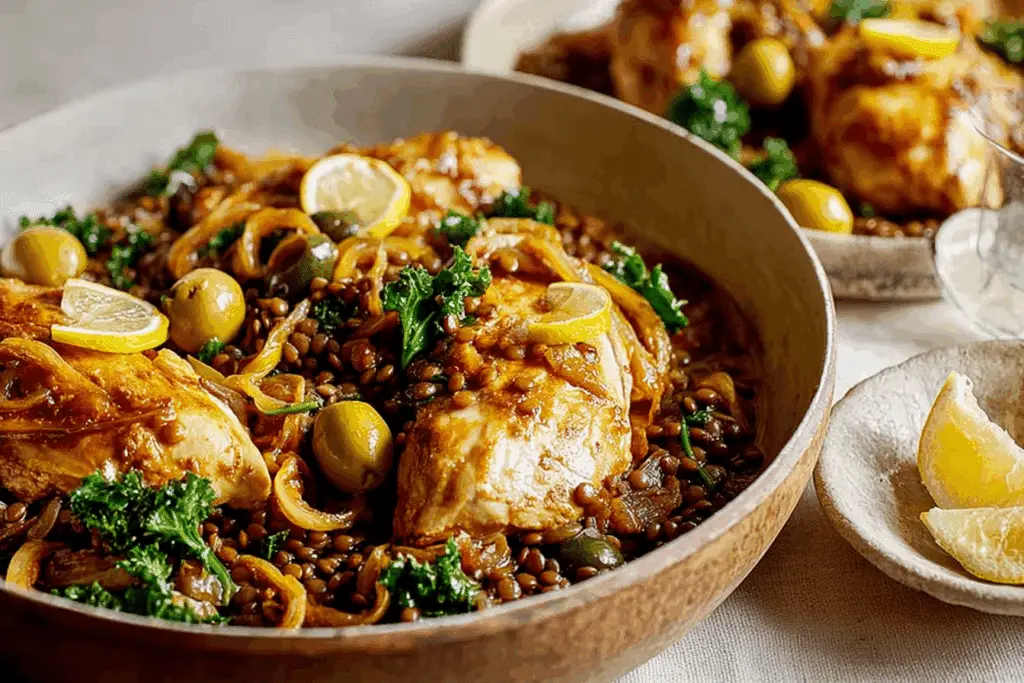 Schmaltzy lentils with chicken, olives & lemon