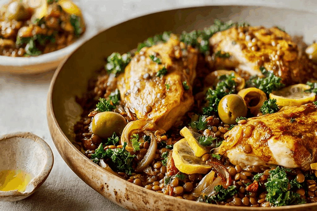 Schmaltzy lentils with chicken, olives & lemon