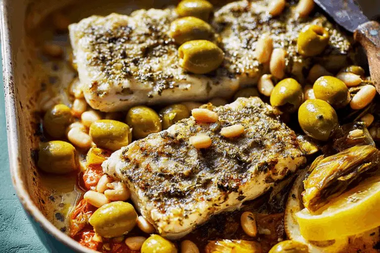 Herby Baked Fish with Green Olives