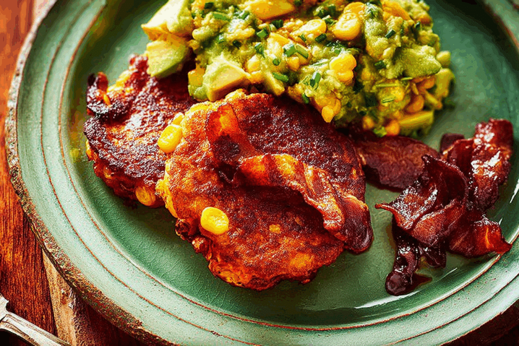 Sweet Potato & Corn Cakes with Tamarind Bacon & Avocado