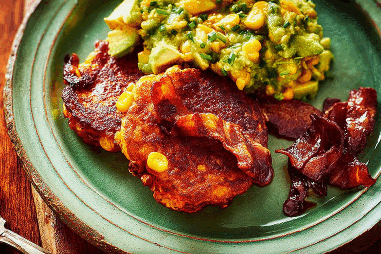 Sweet Potato & Corn Cakes with Tamarind Bacon & Avocado