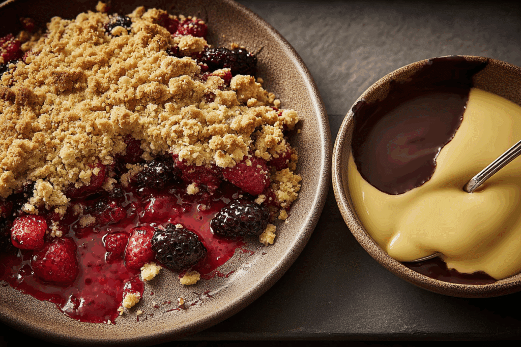 Berry Crumble with Chocolate Sauce & Custard