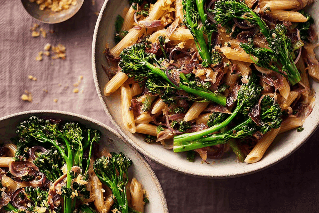 Pasta & purple sprouting broccoli with anchovies, garlic & preserved lemon