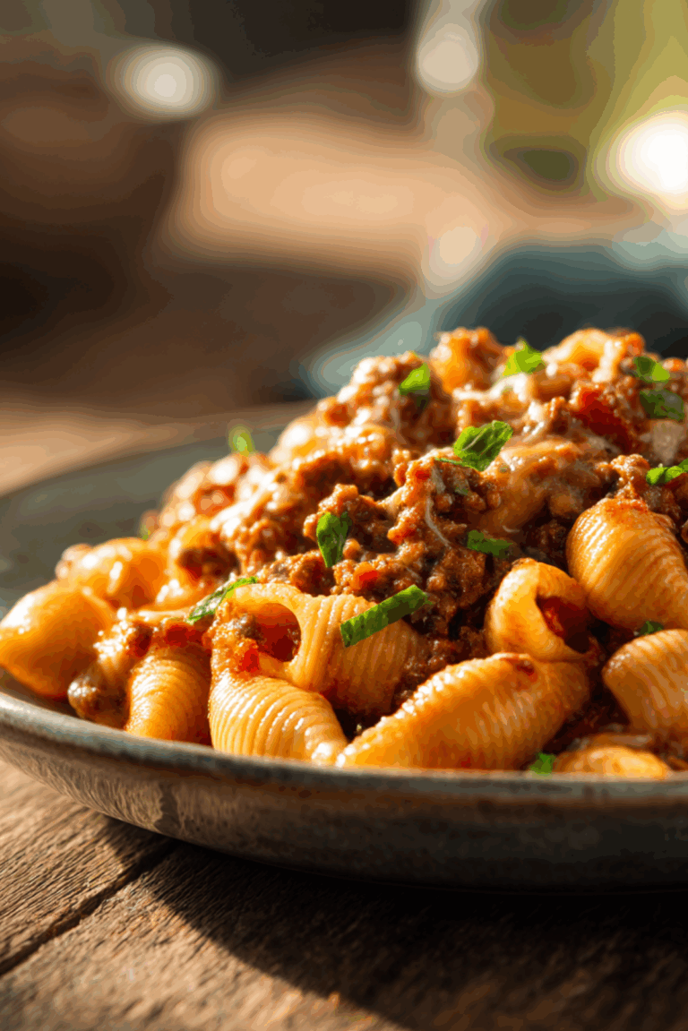 Crockpot Cheesy Ranch Beef Pasta Shells