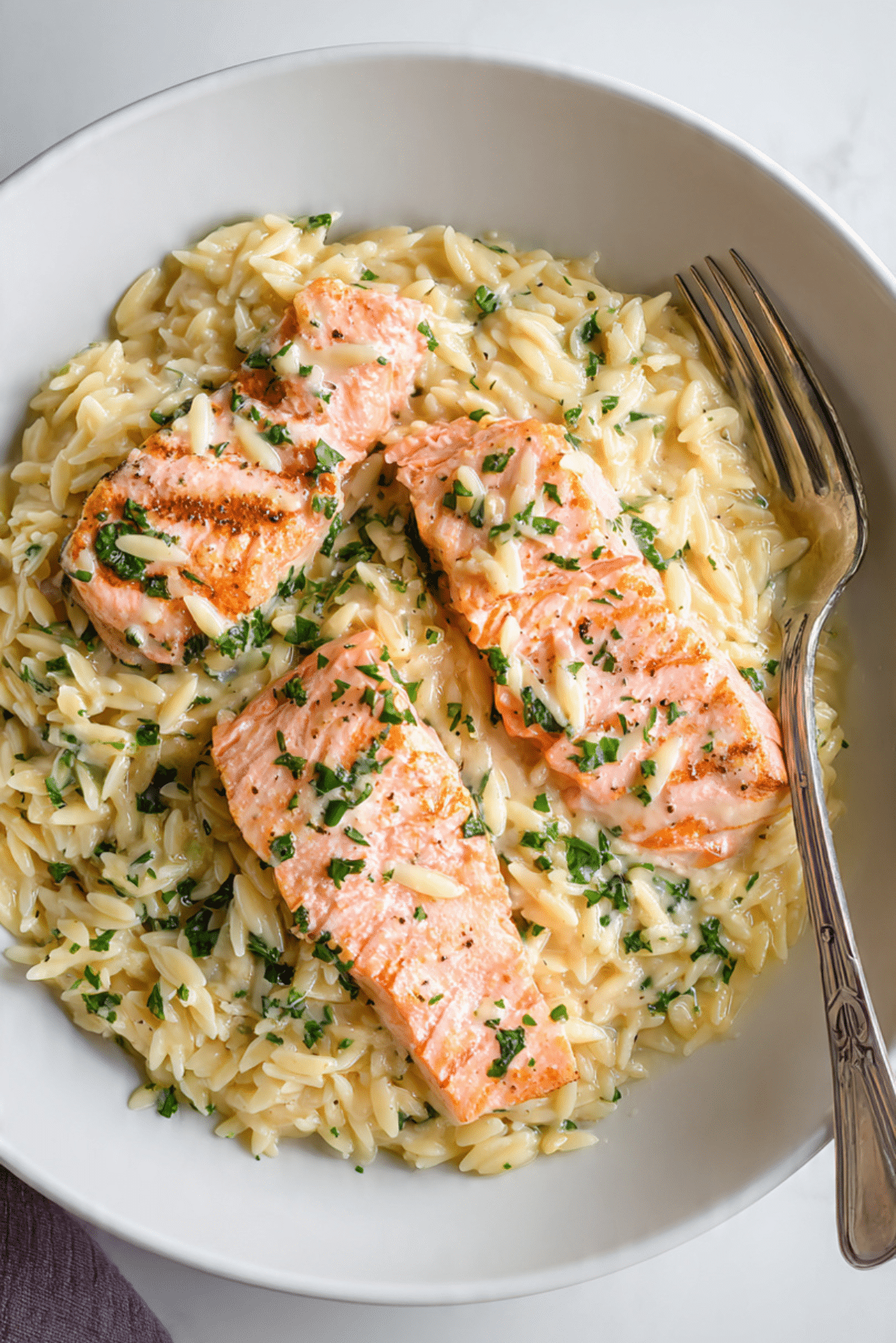 Creamy Garlic Orzo with Salmon